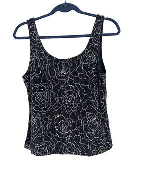 Alex Evenings Navy Floral Scoop Neck Shimmer Sleeveless Top Size L